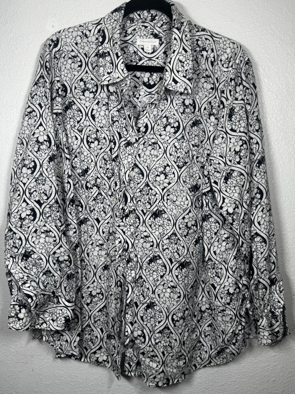Charter Club Linen Shirt Blue White Floral Button Front Long Sleeve Sz 2X